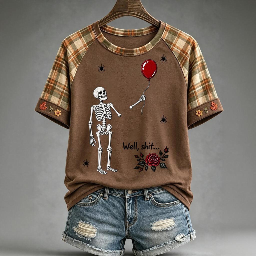 Women's Halloween Short Sleeve T-Shirt Neck Raglan Print Top