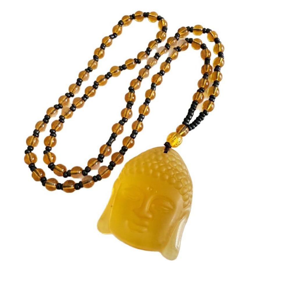 Black Obsidian Buddha Head Necklace with Green Buddha Pendant