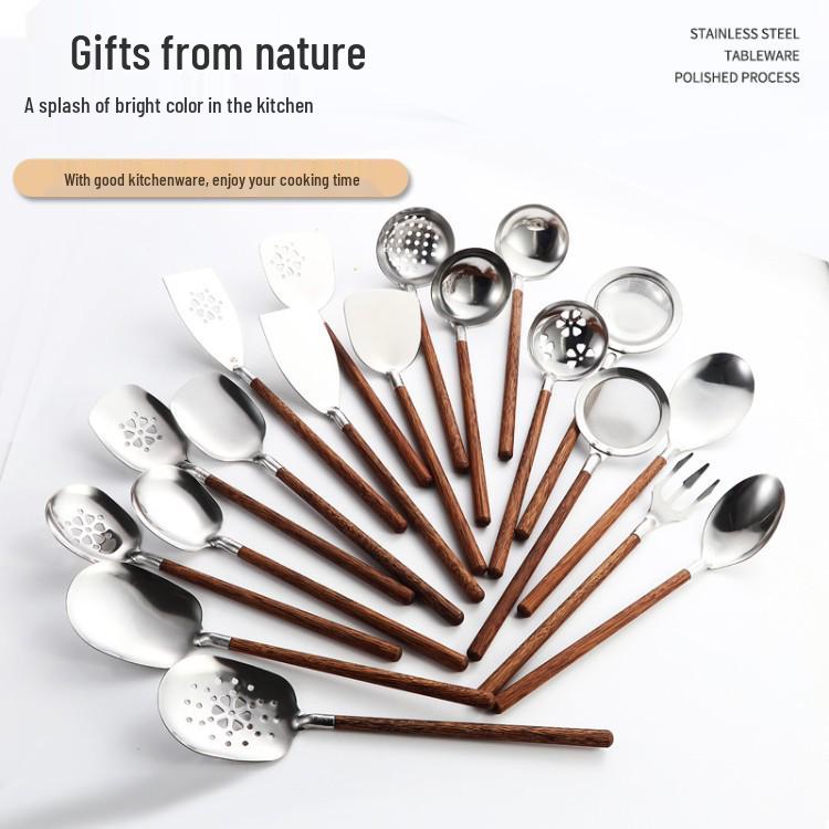 Stainless Steel Spoon & Fork Set with Wood Handle for Buffet & Hot Pot