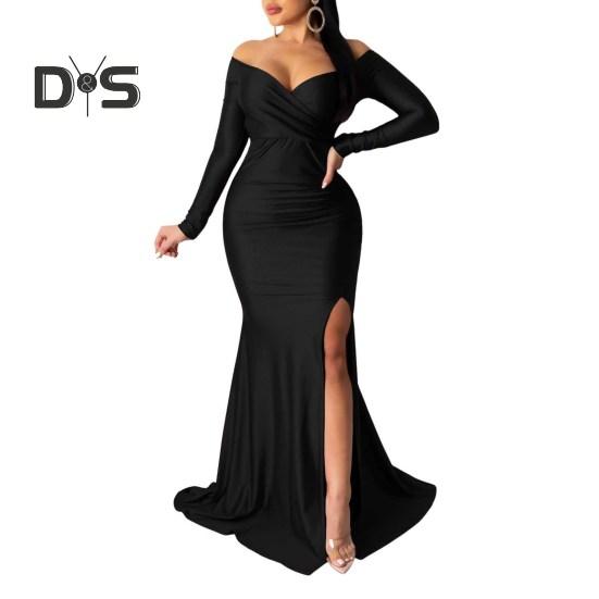 Lady Evening Dress V Neck Off Shoulder Side Slit Floor Length Long Sleeves Pleated Slim Fit Maxi Dress Ball Gown Banquet Party Dress