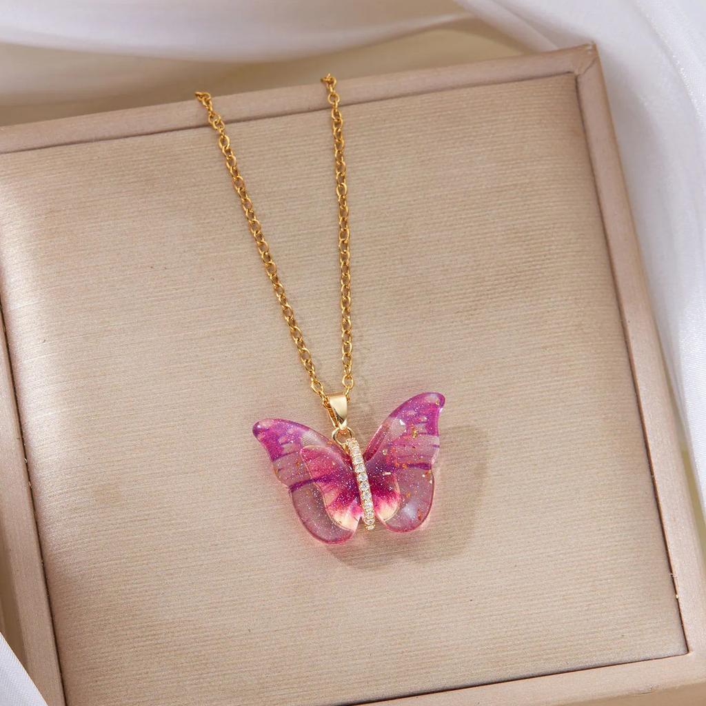 Romantic Blue Crystal Butterfly Necklace for Women Girls Double Layer Shiny Zircon Clavicle Chain Elegant Banquet Jewelry Gifts