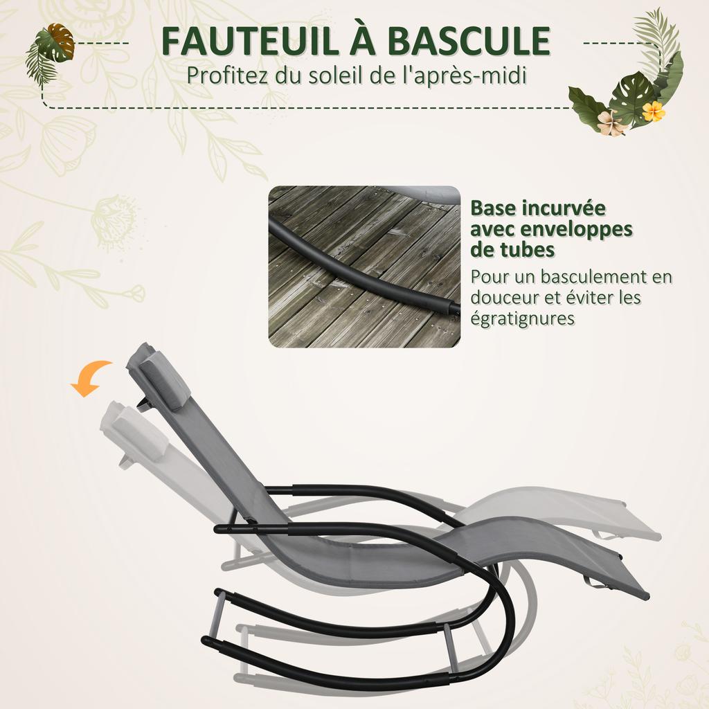 Ergonomic Rocking Lounge Chair Rocking Chair with Headrest Armrests Galvanized Metal Texteline Gray