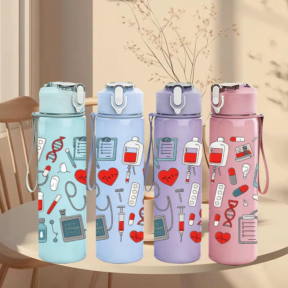 1PC Medical Tool Repeat Pattern 750ml Color Plastic Sports Water Bottle Leakproof Flip Straw Lid Suitable for Sports Office Home Use