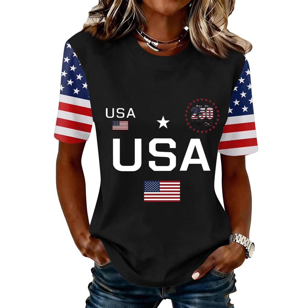 Blusa Feminina da Moda Casual de Manga Curta com Estampa e Gola Redonda