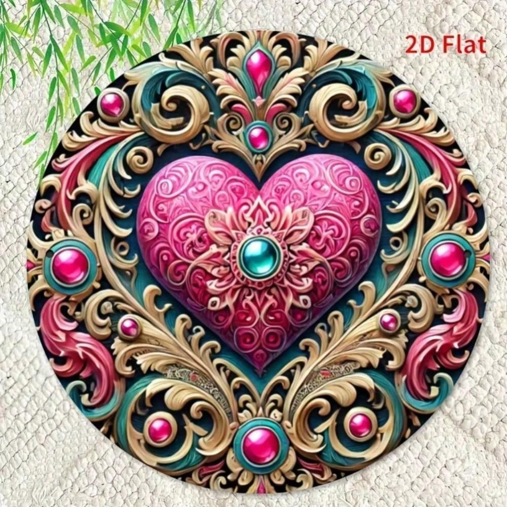 2D Flat Metal Tin Sign Valentine's Day Decor Happy Valentine's Day with Floral Wreath Pink Hearts Golden Swirls Durable Iron Wall Art Home Living Room