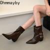 Pointed Toe Thick Heel Woman Pipe Ankle Boot Fashion Ladies Belt Buckle Slim Short Booties Autumn Winter Women