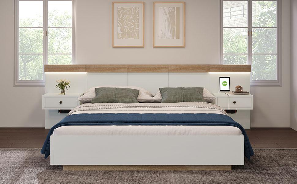 Doppelbett mit 2 LED-Nachttischen & USB-C-Steckdose 160 x 200 cm Holzbett, Schlafzimmer-Set--205x264x90.5 cm(T/B/H) in Sonoma Eiche/Weiß(Keine Matratze)
