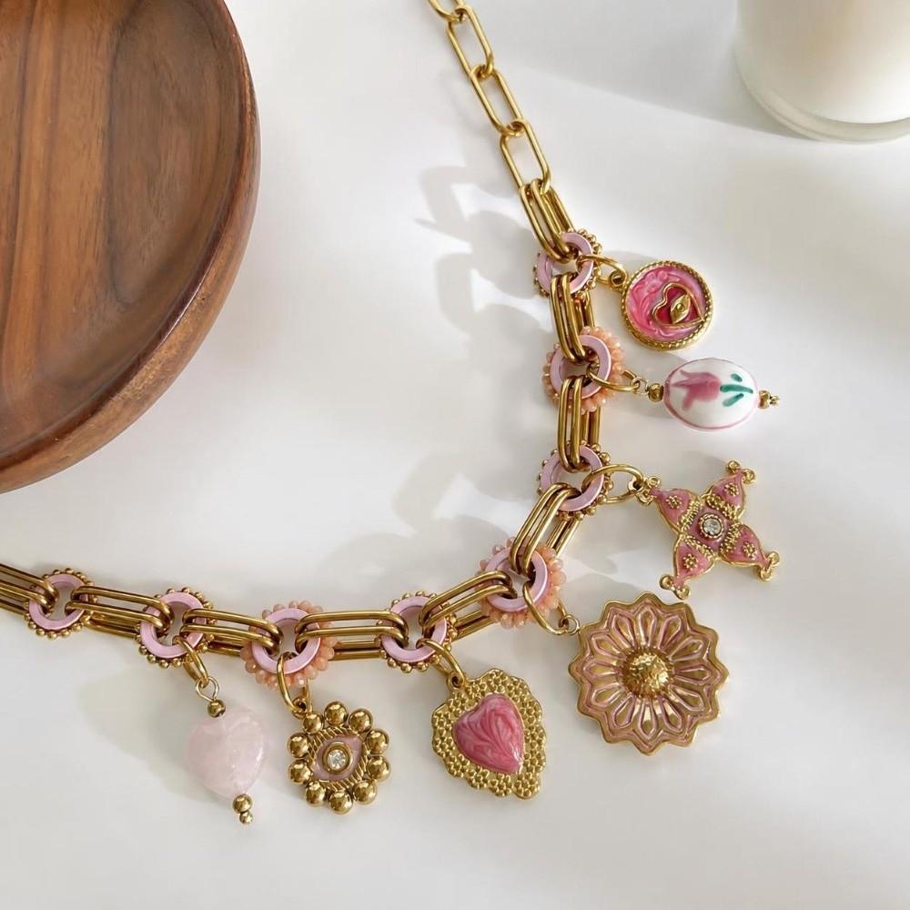 Adjustable Handmade Pendant Necklace Pink Enamel Boho Jewelry Elegant Multi Charms Necklace Women