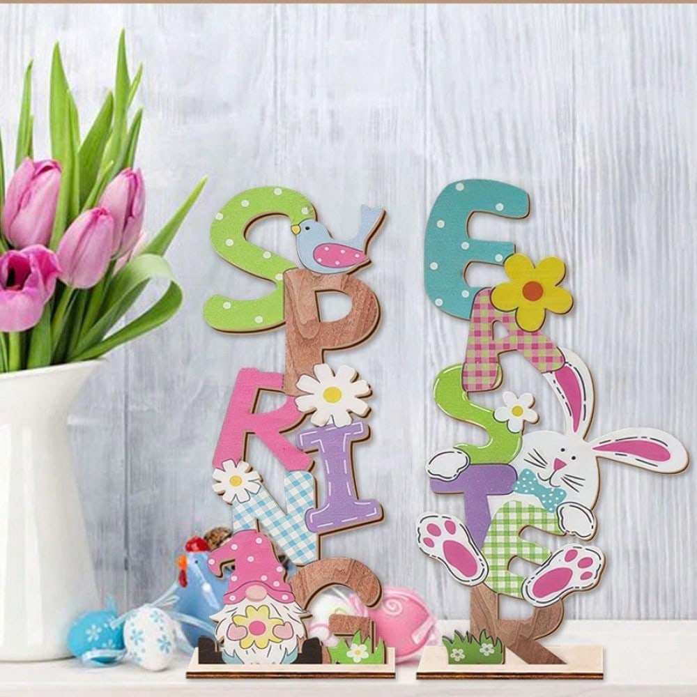 Desktop Ornament, Spring Easter Desktop Decoration Theme Scene Decoration, Colorful Letter Cartoon Rabbit And Dwarf Ornament