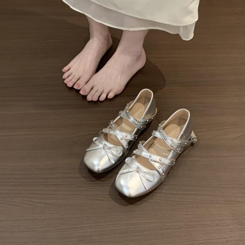 Fashion Niche Design Sense Square Toe Rivet Inner Heightened Mary Jane Shoes Women's 2025 Summer New Bow Ballet Shoes