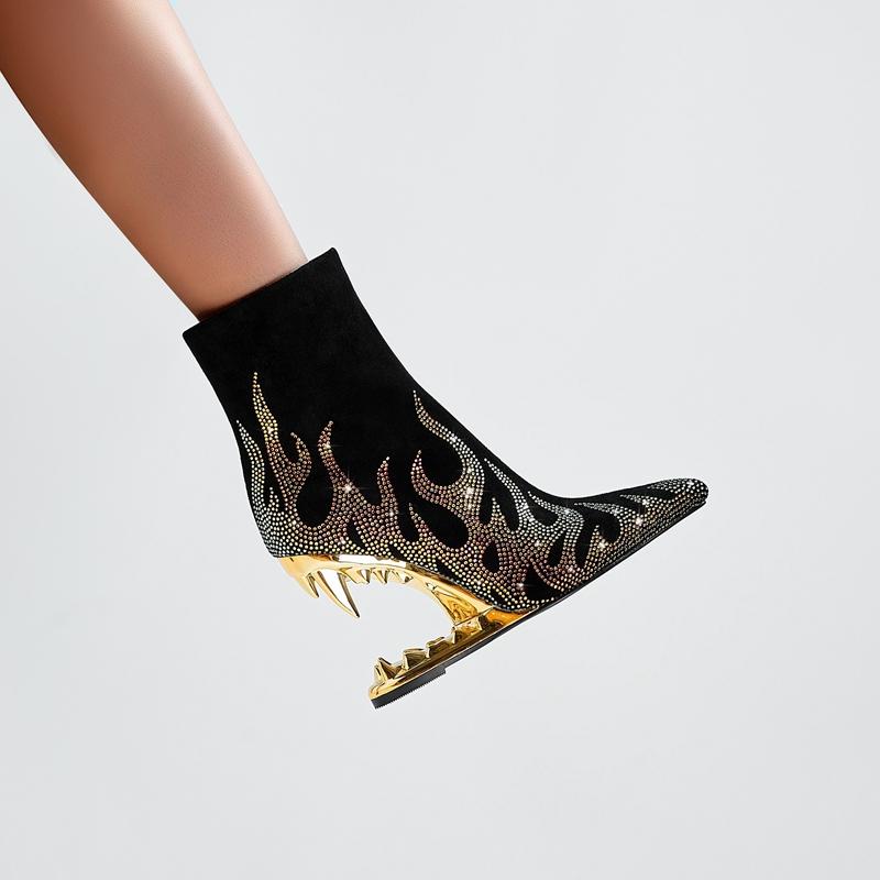 Fashion Kaky's New Water Diamond Flame Pointed Super High Heel Shaped Heel Wolf Teeth Tiger Teeth Women's Short Boots and Women's Boots