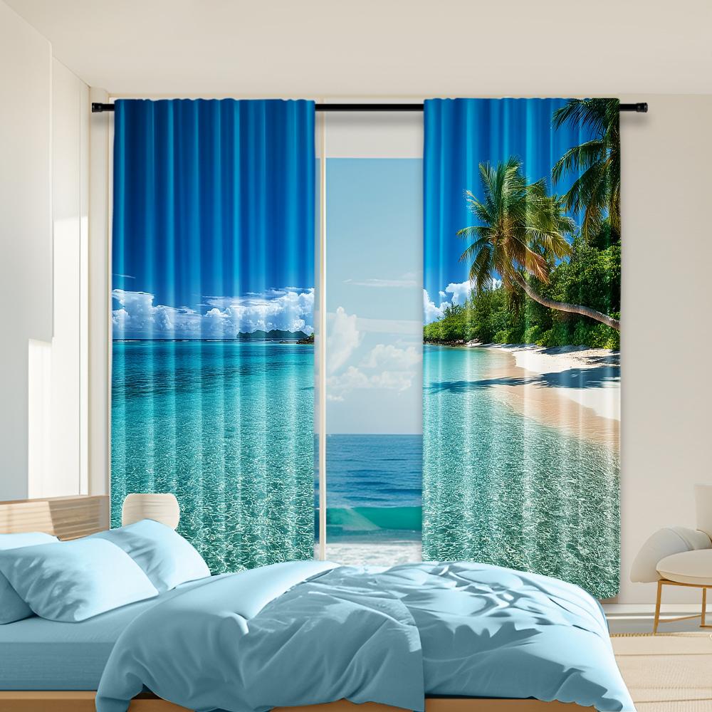 

Set Of 2 Versatile Polyester Transparent Curtains Home Decoration Beach Coconut Use Bedrooms Living Rooms Made Sitting Room Window Treatment W100*H70(CM)-Rod Pocket&1PCS