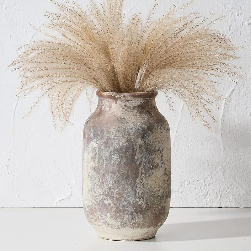 SIDUCAL Rustic Ceramic Farmhouse Flower Large Vase, Whitewashed Terra cotta Vase, Pottery Decorative Flower Vase for Hom