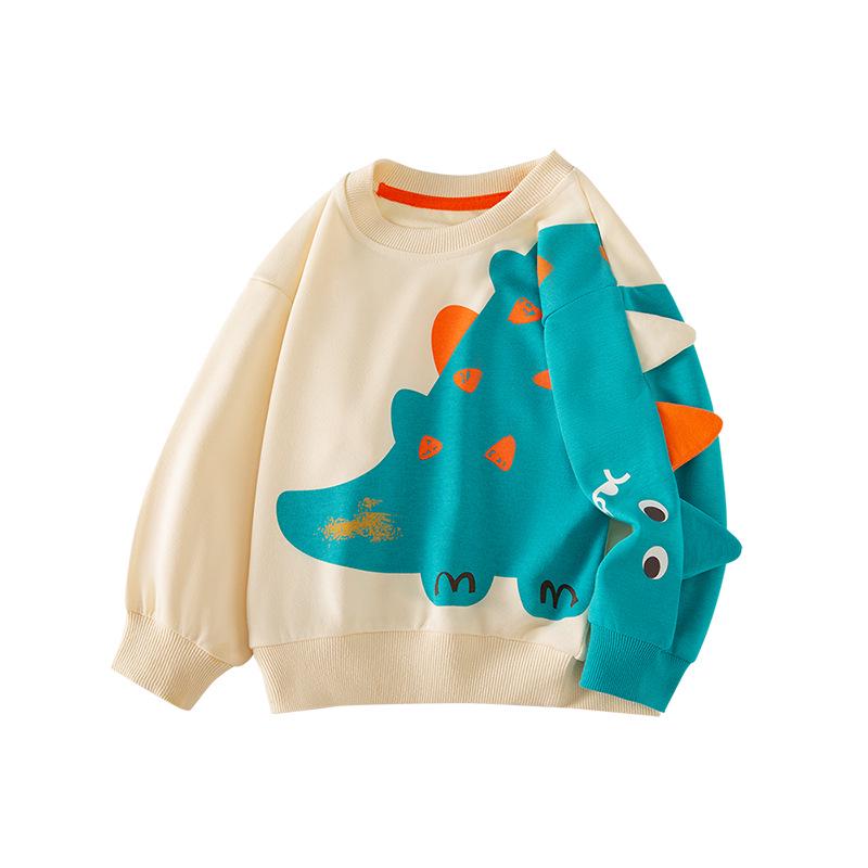 Korean Style Boys Dinosaur Sweatshirt - Round Neck, Loose Fit, Small & Medium Sizes, Stylish Letter Pullover.