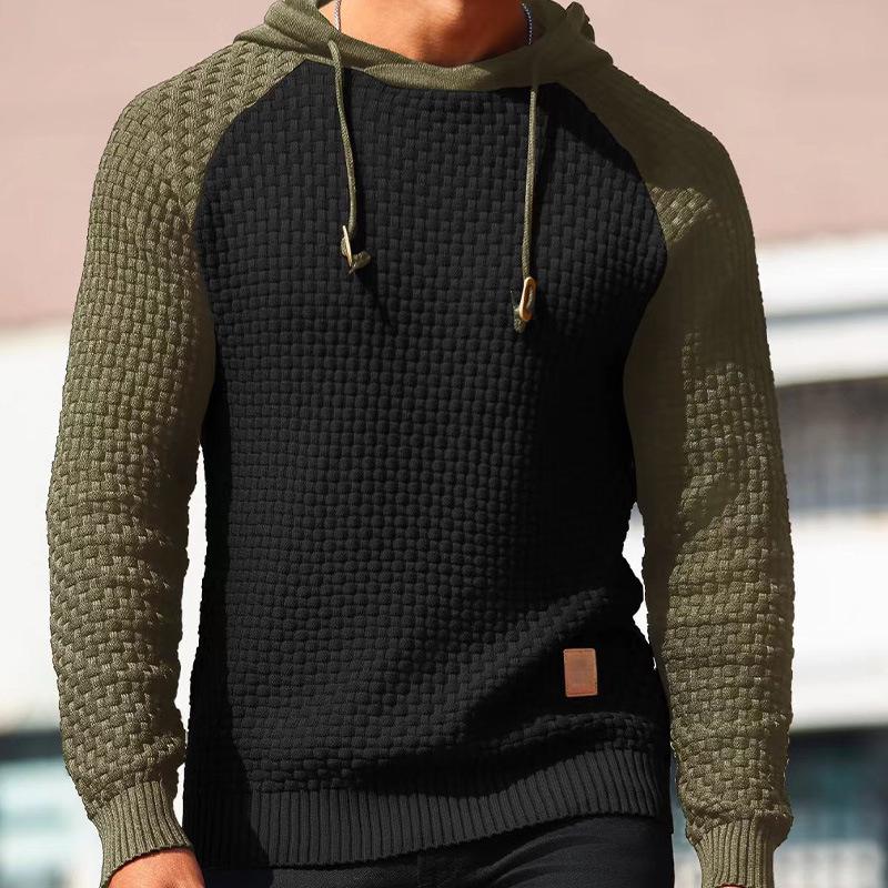 2025 Men's Color Block Plaid Slim Fit Hoodie - Casual Long Sleeve Knit Pullover