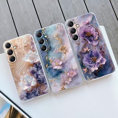 Weiche, klare Silikonhülle mit Blumen-Marmor für Xiaomi Redmi Note 13 14T 15 Samsung A55 A35 S24 FE iPhone Huawei Honor Kamera Schutzhülle mit stoßfester Abdeckung