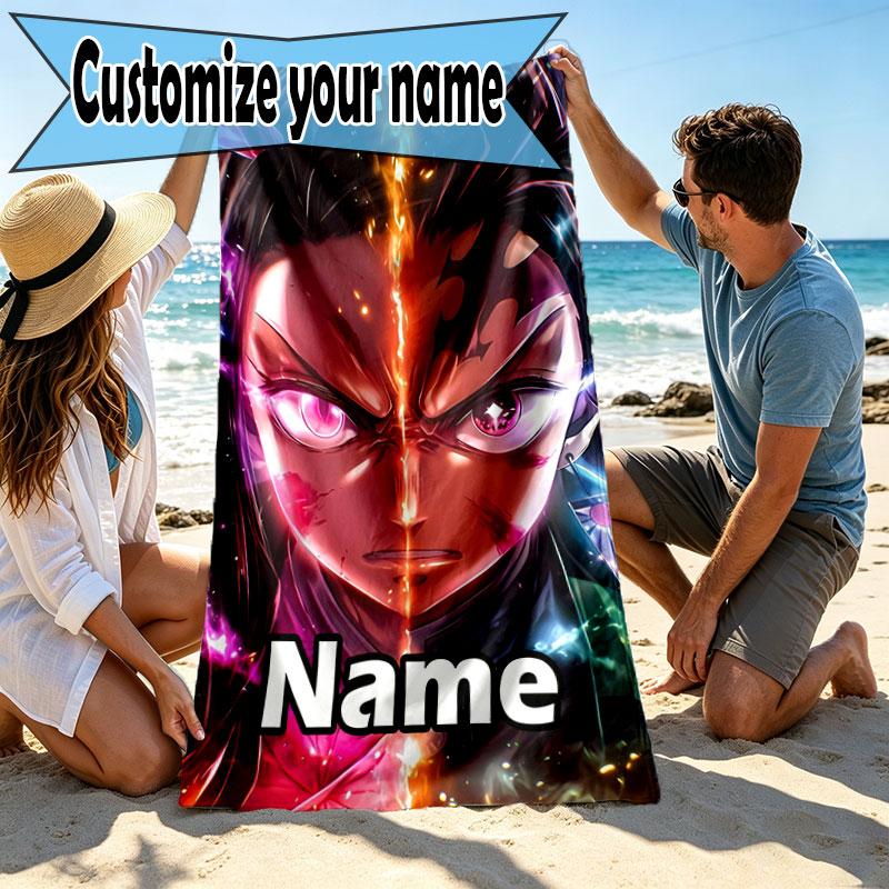 Serviette de plage personnalisée avec nom et motif Demon Slayer, pour Voyage Camping Fête à la plage Décoration de maison, Cadeau d'anniversaire pour la Famille & les Amis