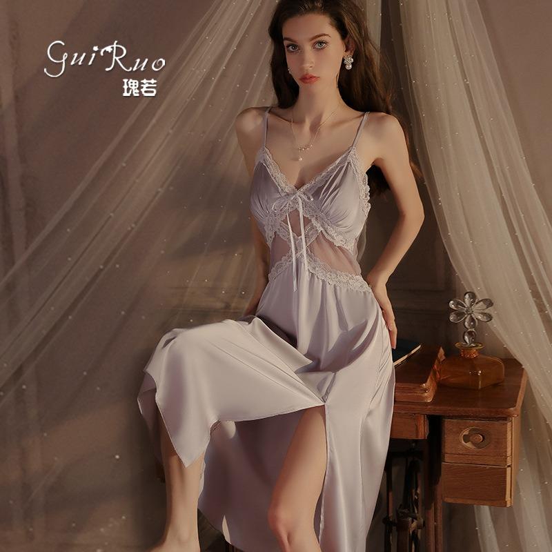 Sexy Pajamas Pure Lust Temptation Plus Chest Pad Sweet Perspective Lace Satin Nightdress Robe Set