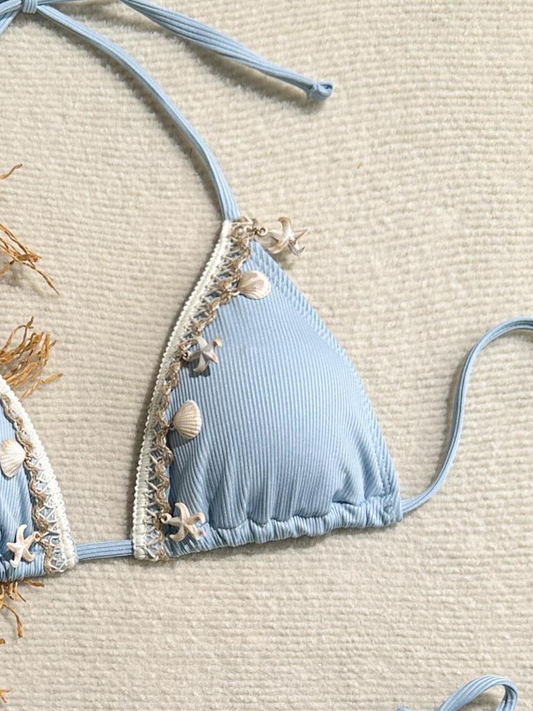 Women's Swimsuit Solid Halter Side Tie Bikini Suit Beachwear Bathing Suits with Shell