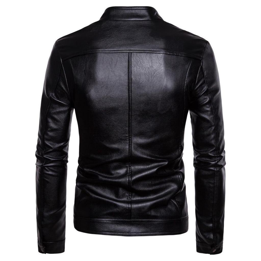 European Men's Stand-Up Collar Solid Color Motorcycle Leather Jacket, Autumn/Winter 2023, Code B041.