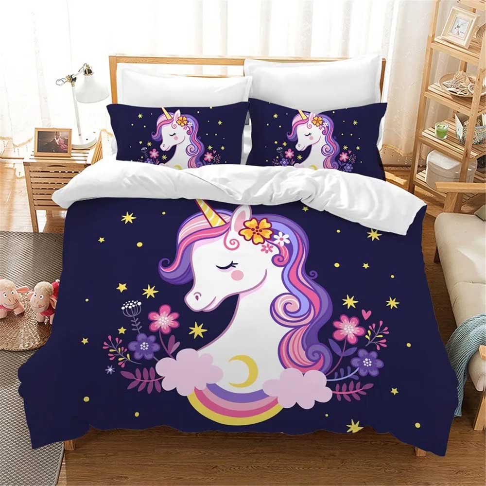Housse de couette taie d'oreiller Licorne Sophia & Wildstar Ensemble de literie dessin animé Enfants Fille Garçons Adultes Cadeau Simple Double Grande Taille 100×135cm