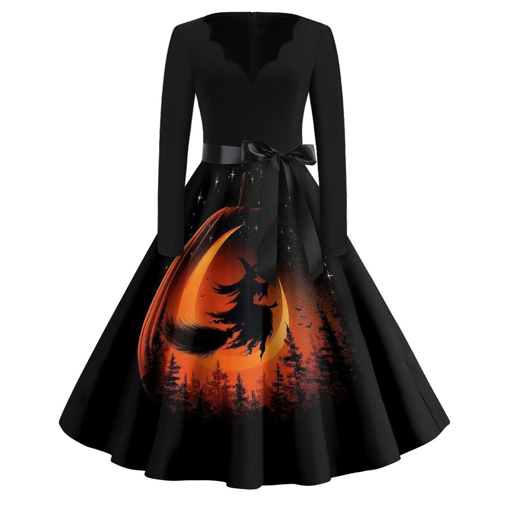 Women's Vintage V Neck Long Sleeve Halloween Print Casual Dress with Flared Skirt and Waist Tie for Seasonal Events