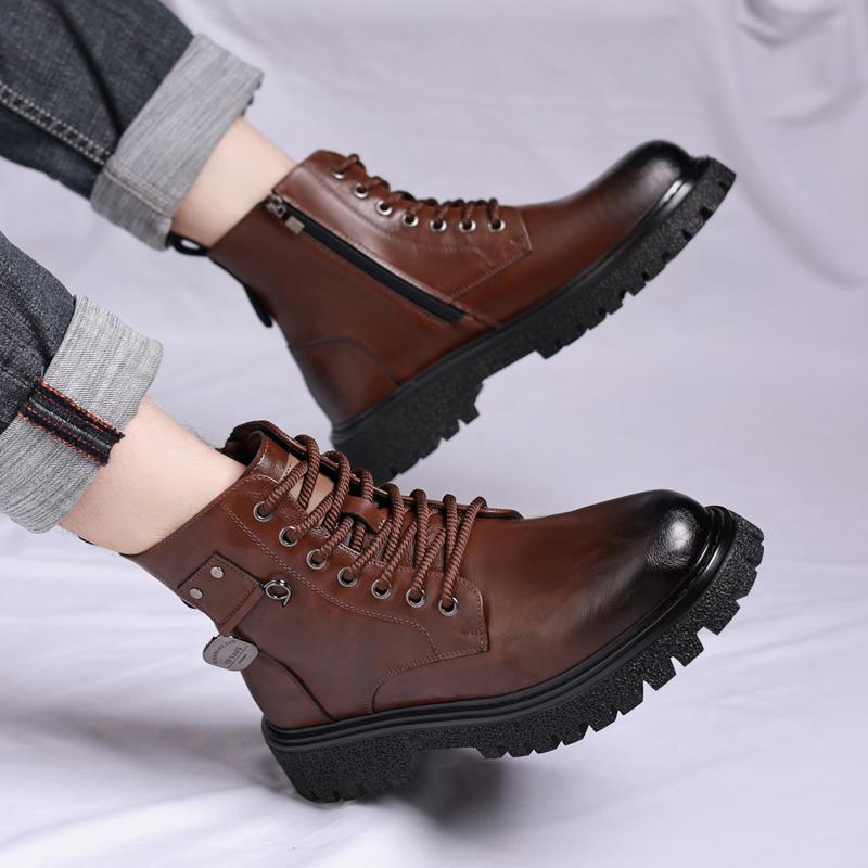 Fashion Casual Thick Soled Men's Boots Classic British Design Style Daily Office Outdoor Street Motorcycle Brown Genuine Leather Shoes