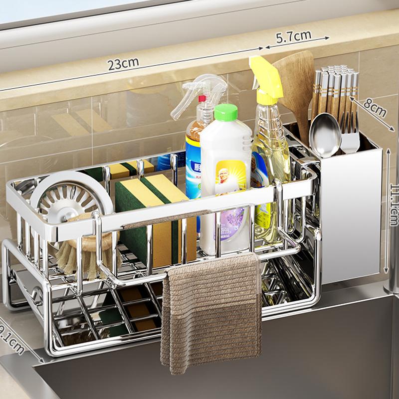Stainless Steel Kitchen Sink Organizer, Faucet Rack, Sponge Holder, Towel Shelf, Self-Draining Storage for Sink Accessories