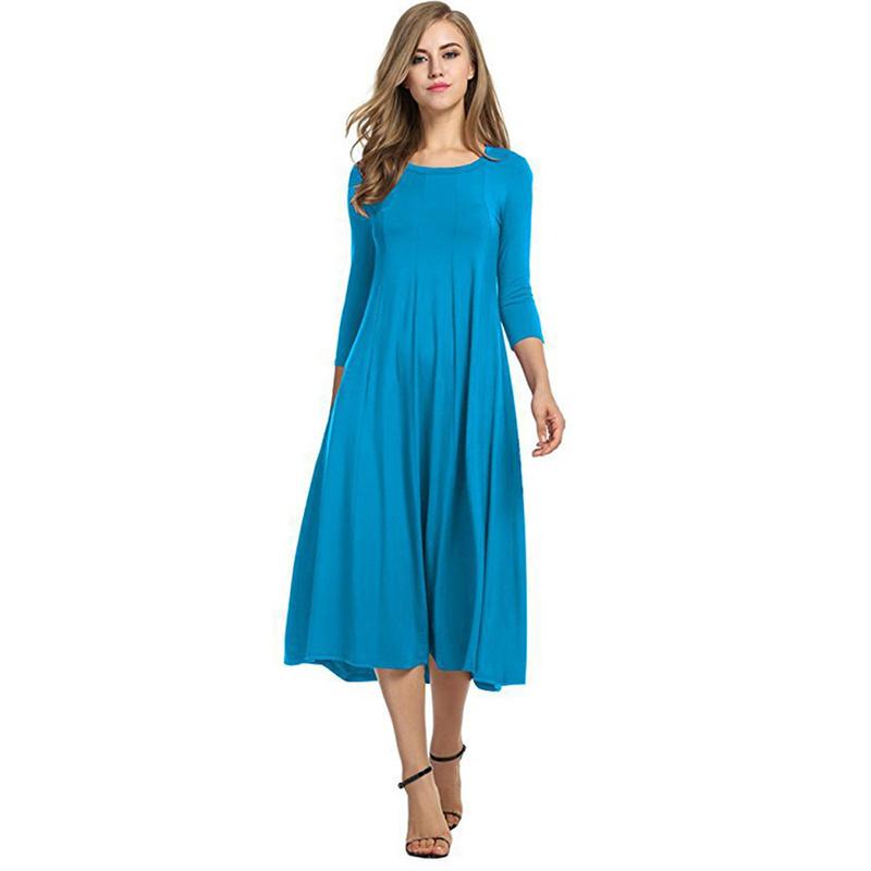 Sommerkleid für Damen, modisch, Rundhalsausschnitt, mittlere Ärmel, einfarbig, plissiert, lange Kleider