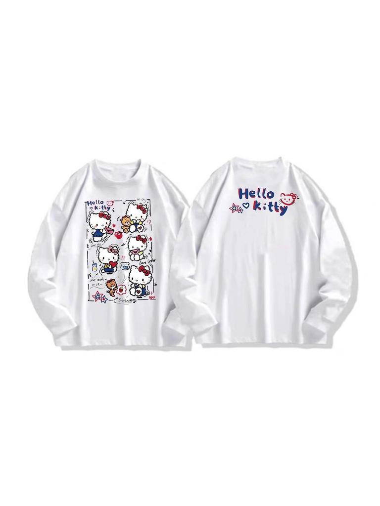 Women's Pure Cotton Slimming Kitty Print White Long-Sleeve T-Shirt with Cinch-Bottom