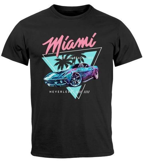 Mens 100% Cotton T-shirt Mens Tees Top Printed Miami Beach Surfing Motif USA Retro Automotive 80s- M