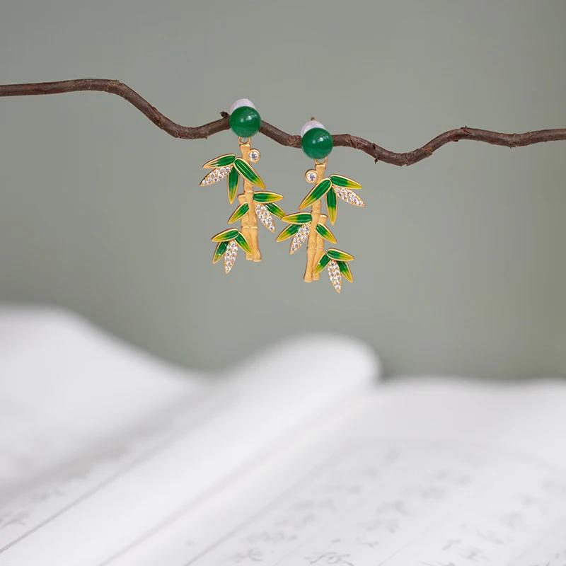 Exquisite Enamel Vintage Chinese Style Eardrop Natural Hetian Jade Green Bamboo Earrings for Women Leaves Hanfu Jewelry