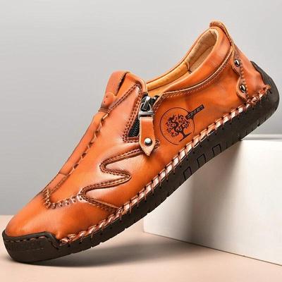 Sapatos casuais masculinos com zíper lateral confortável com costura à mão em couro dividido