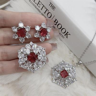 Ruby Zirconia Retro Necklace, Earrings, and Ring Set for Women - Elegant Pendant with High-End Light Luxury Feel