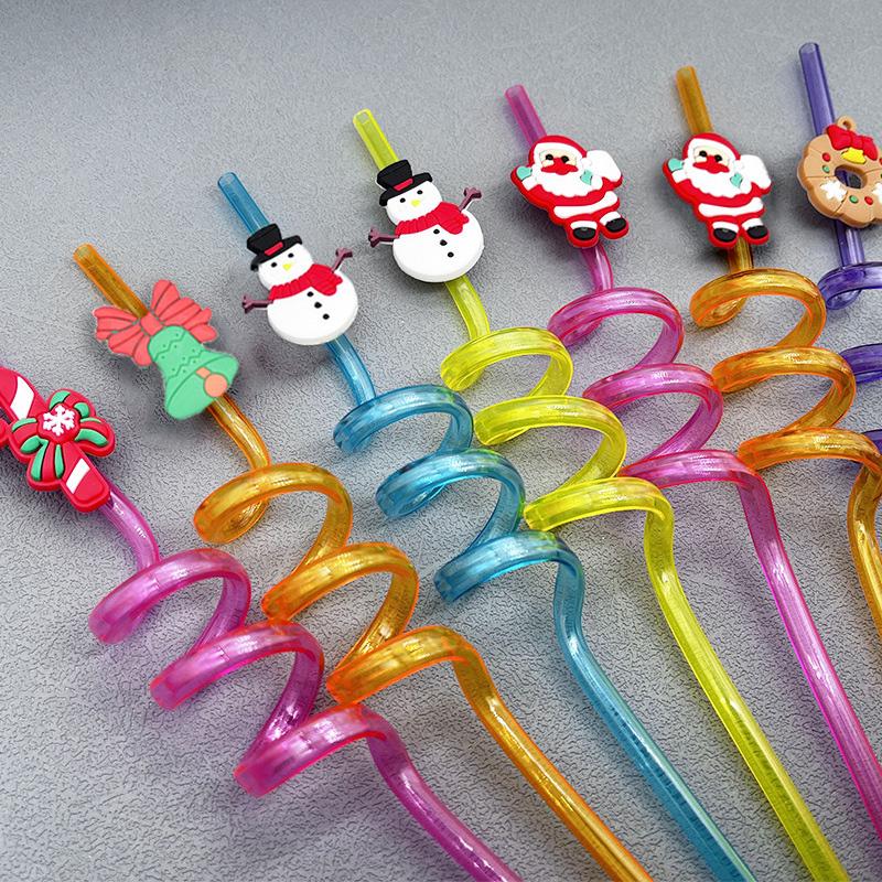 2Pcs Reusable Plastic Straw Cartoon Christmas Drinking Straws Santa Claus Christmas Tree Straw Holiday New Year Party Decoration