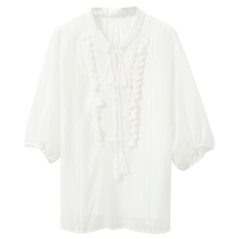 Sancai Women's Tassel Stand Collar Mid-Sleeve Top