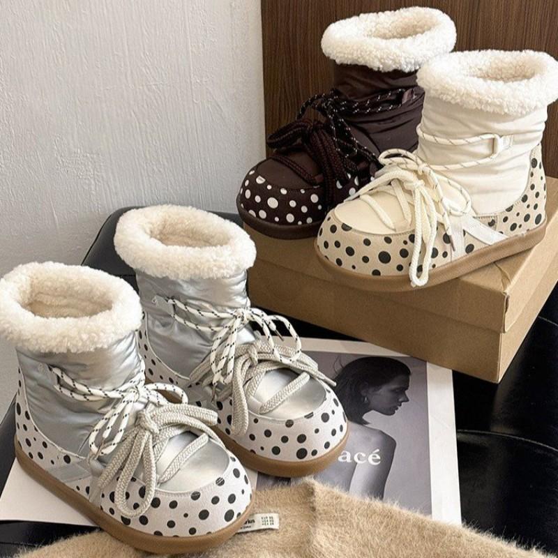 Womens Winter Warm Snow Boots Fleece Lined Polka Dot Mid-Calf Non-Slip Comfortable