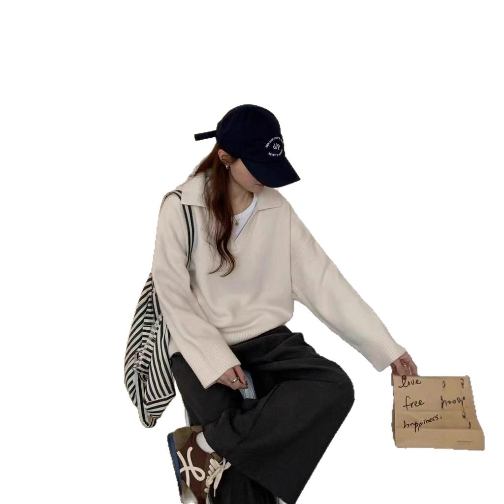Turn-down collar, scissor collar, long-sleeve knit shirt for women, new loose plus-size thickened pullover top, export autumn and winter