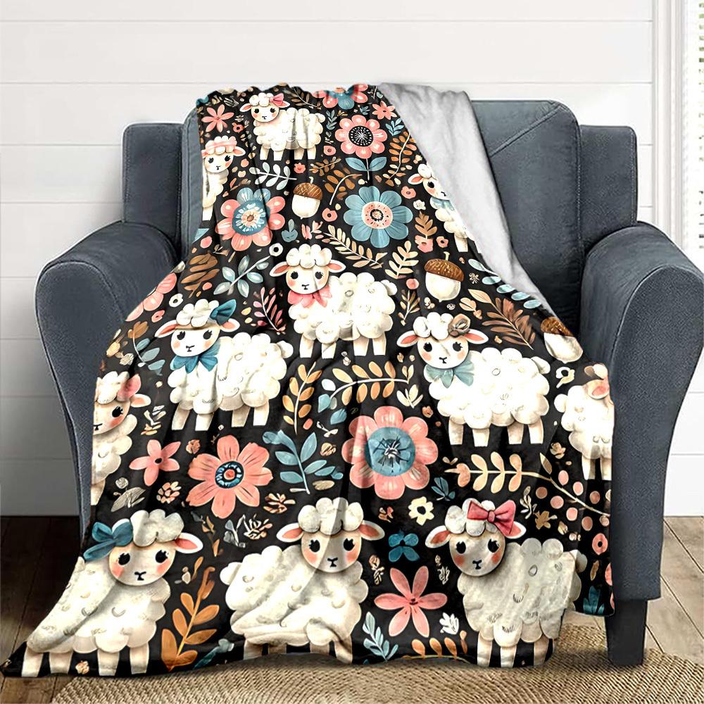 1pc Sheep Flowers Lightweight Flannel Blanket, Comfortable and Warm Blanket, for Office and Camping Sofa Bed184