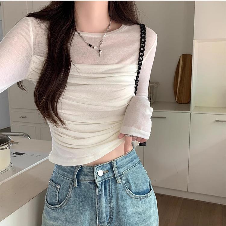 Women s Mesh Long-Sleeve Pleated Slim-Fit Tee - Trendy Spring/Summer Design S (75-95 jin)
