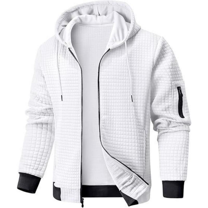 Men S Solid Color Waffle Knit Full Zip Hooded Sweatshirt Casual Jacket