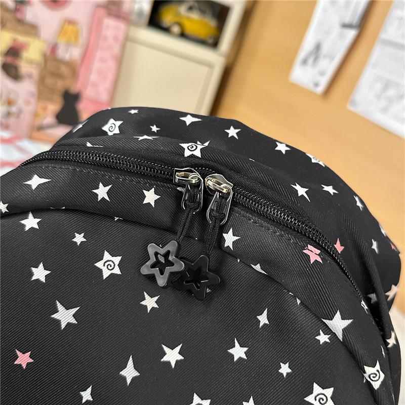 Cute Star Print Nylon Backpack for Women – Fashionable School & Daily Use Bag with Front Drawstring Pocket and Plush Charm