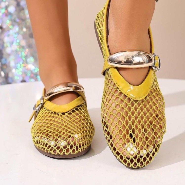 Summer Women's Fashion Metal Decor Belt Flat Soft Soled Shoes Ladies Mesh Breathable Casual Round Toe Flats Women Shoes