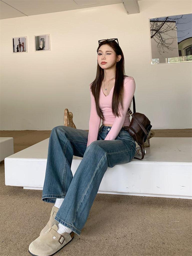 Pantalon en Denim Bleu Rétro Jambe Droite pour Femme - Amincissant Long jusqu'au Sol, Micro-Élastique, Automne/Hiver 2025