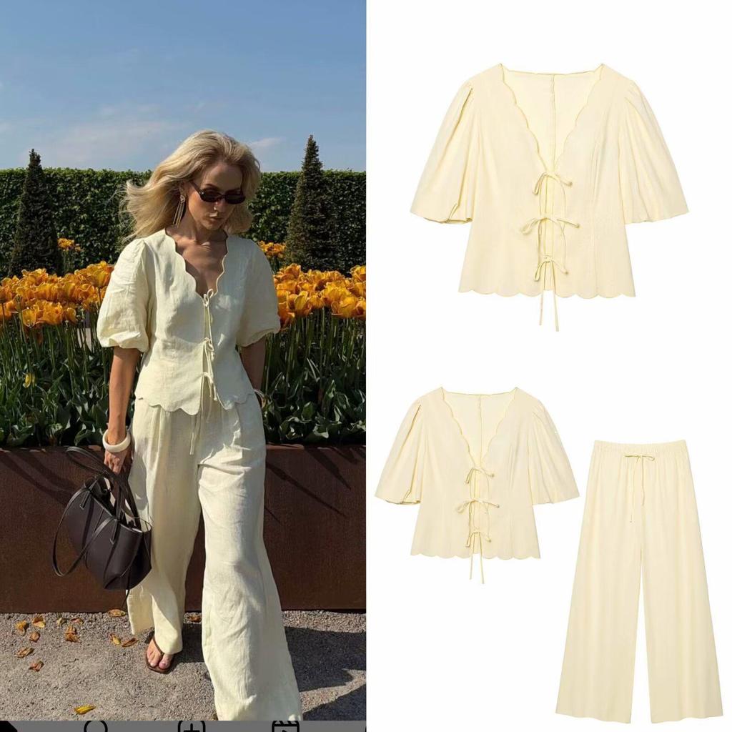 Europäisches und amerikanisches Damen 2025 Frühfrühlings Puffärmelhemd und Freizeithosenset