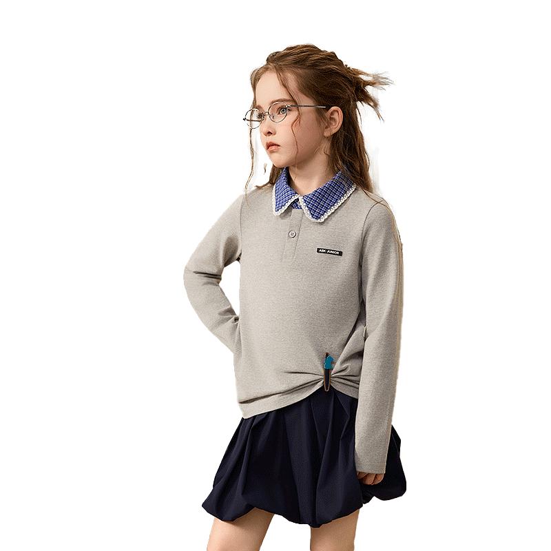 ASK JUNIOR Girls Plaid Collar Layered Look Sweatshirt 110