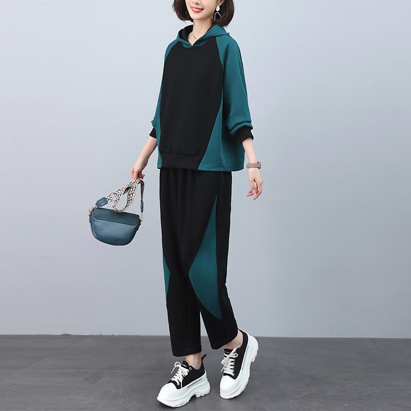 

Женский повседневный облегающий костюм-двойка 2024 года с цветовыми блоками - Стильный, омолаживающий свитшот и брюки XXL (suggested 145-160 jin) синий