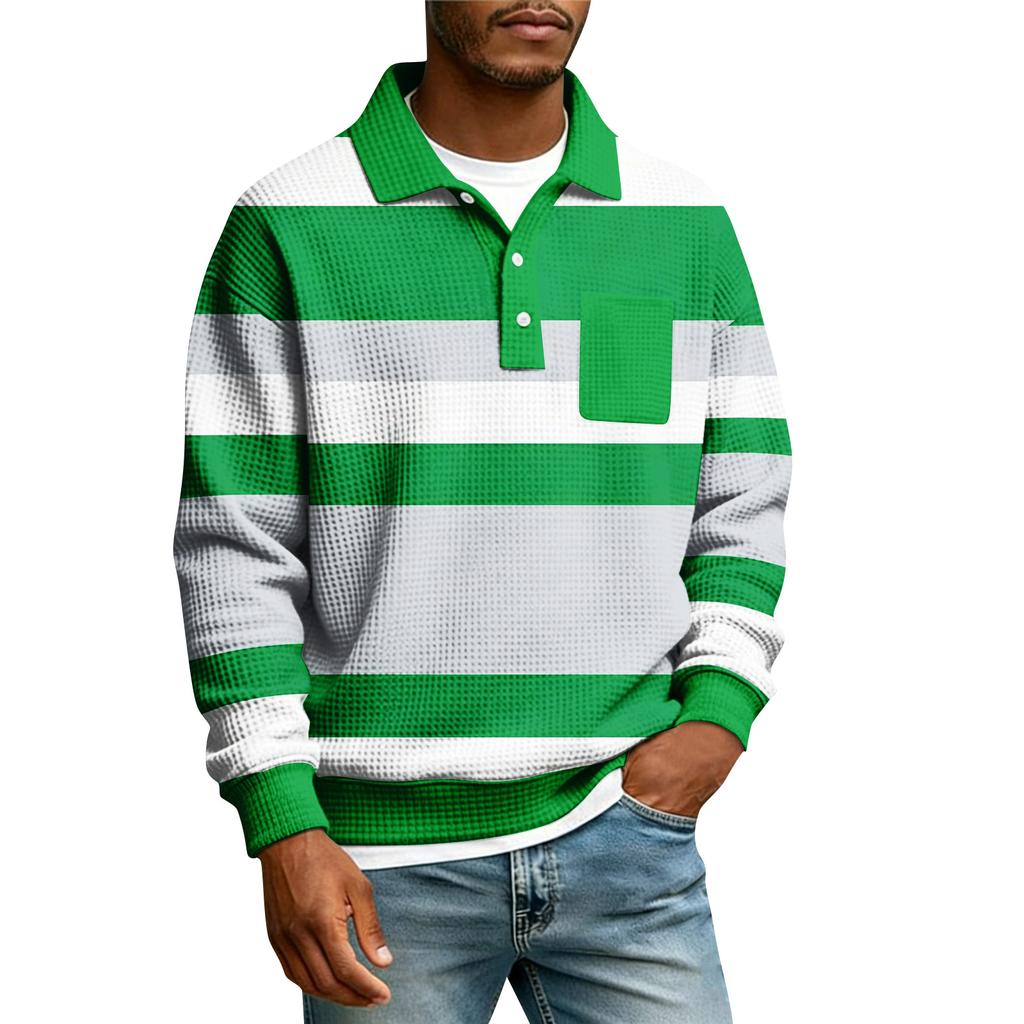 Men's Striped Single Breasted Long Sleeved Shirt With Collar And Pockets  Casual Sports T,shirt