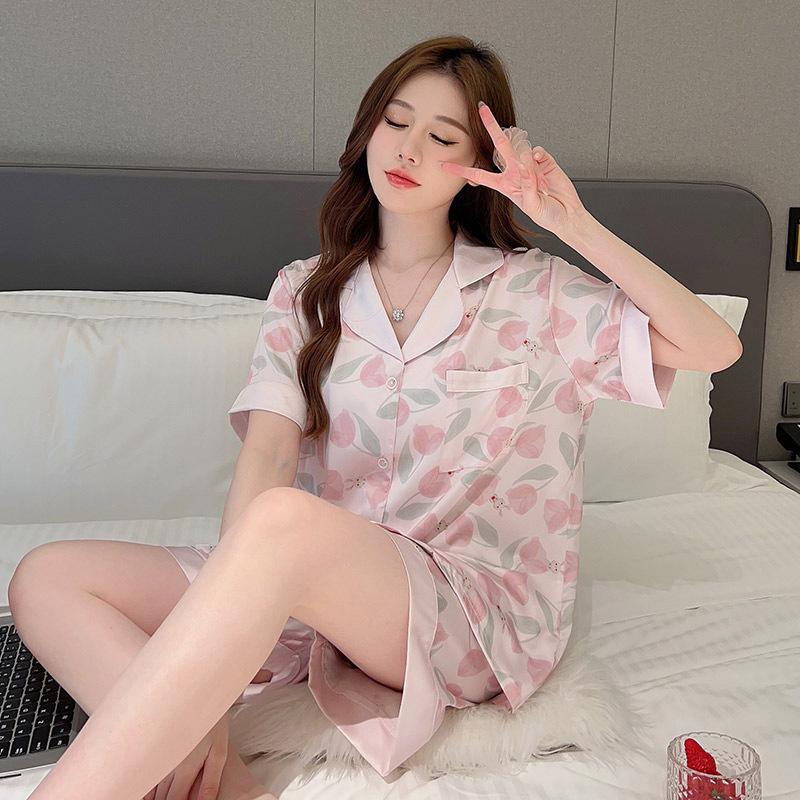 Cute Wind Rose Pattern Short-Sleeved Shorts Pajamas Women'S Summer Fashion Simple Loungewear Two-Piece Set
