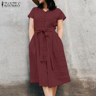 Women Summer Short Sleeve O-neck Loose Casual Cotton Dress